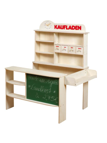 roba Kaufladen aus Holz natur mit 4 Schubladen, Uhr, Tafel, Theke & Seitentheke