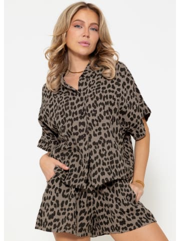 SASSYCLASSY Musselin Bluse mit Leo-Primt in Braun, Schwarz