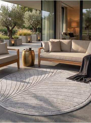 Outdoor-Teppich ENGADIN Blattmuster Kurzflor Wohnzimmer Veranda in Silbergrau