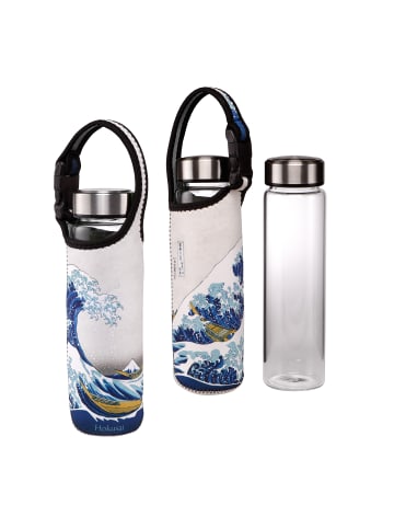 Goebel Glasflasche mit Neoprenhülle " Katsushika Hokusai  Die Welle " in blau weiß