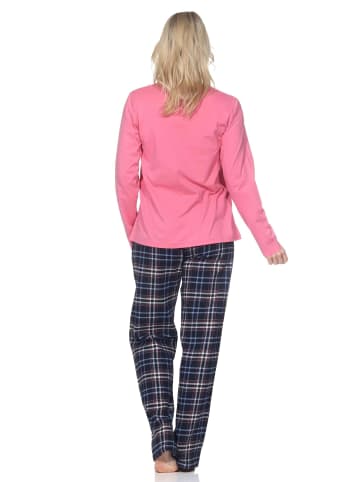 NORMANN Schlafanzug langarm karierte Flanell Pyjamahose in pink