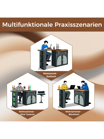 ABRIHOME Ausziehbarer Bartisch mit Stauraum in Schwarz - Sideboardschrank mit Glas