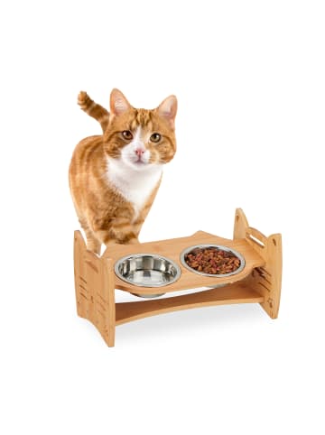 relaxdays Katzen-Futterstation in Natur/ Silber - (B)36 x (H)18 x (T)21 cm