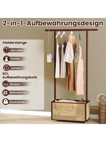 COSTWAY Garderobenständer mit PE-Rattan Aufbewahrungskorb & Rollen in Braun