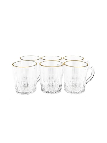 Almina 6er Gläser-Set mit Henkel 240 ml - Goldumrandung & Riffle-Design in Transparent
