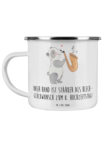 Mr. & Mrs. Panda Camping Emaille Tasse 8. Hochzeitstag Blechhoch... in Weiß
