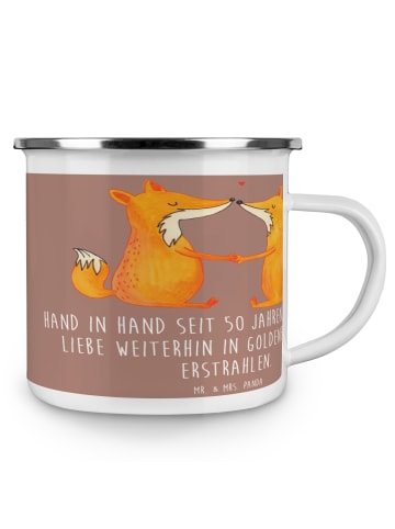 Mr. & Mrs. Panda Camping Emaille Tasse 50. Hochzeitstag Goldene ... in Braun Pastell