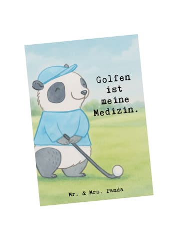 Mr. & Mrs. Panda Ansichtskarte Panda Golfen Design mit Spruch in Weiß