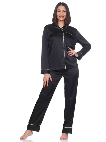 NORMANN Satin Schlafanzug langarm Pyjama Knopfleiste in schwarz