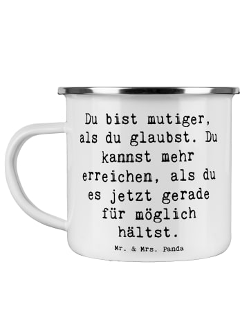 Mr. & Mrs. Panda Camping Emaille Tasse Spruch Mut und Tapferkeit... in Weiß