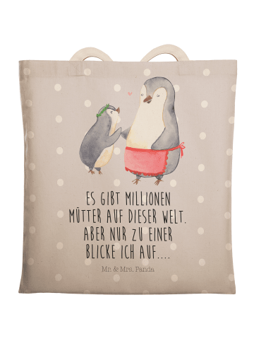 Mr. & Mrs. Panda Einkaufstasche Pinguin mit Kind mit Spruch in Grau Pastell