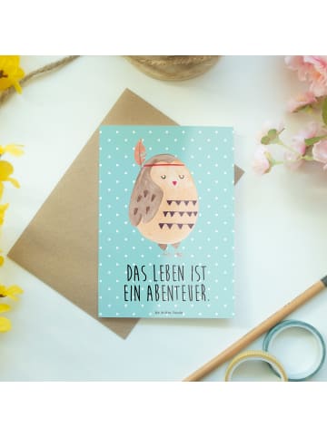 Mr. & Mrs. Panda Grußkarte Eule Federschmuck mit Spruch in Türkis Pastell