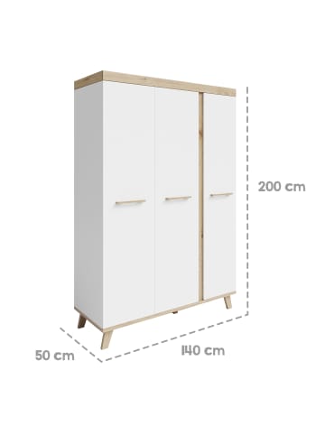 roba Kleiderschrank Smile 3-türig weiß/Artisan Eiche mit Massivholzgriffen & -füßen
