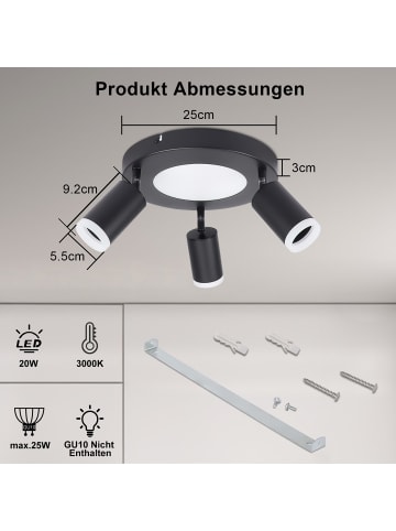 ZMH Deckenleuchte LED 3-flammige GU10 in schwarz rund schwenkbar Warmweiß L 25cm