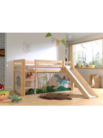 58 aufm Kessel KINDERBETT mit Rutsche Karolina Massivholz Natur Textilset Dino