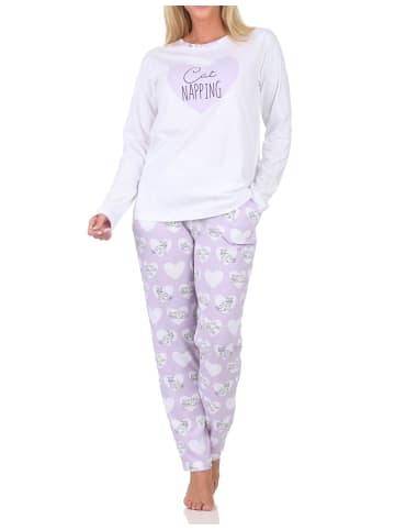 NORMANN Langarm Schlafanzug Pyjama Herz Katzenmotiv in lila