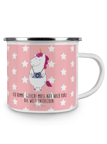 Mr. & Mrs. Panda Emaille Tasse Einhorn Fotograf mit Spruch in Rot Pastell