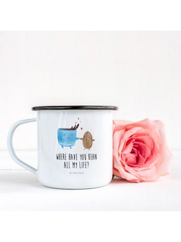 Mr. & Mrs. Panda XL Emaille Tasse Kaffee Bohne mit Spruch in Weiß
