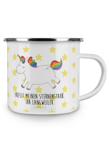 Mr. & Mrs. Panda Camping Emaille Tasse Einhorn Happy mit Spruch in Weiß