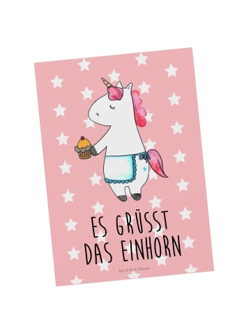 Mr. & Mrs. Panda Ansichtskarte Einhorn Muffin mit Spruch in Rot Pastell