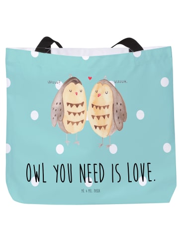 Mr. & Mrs. Panda Strandtasche Eulen Liebe mit Spruch in Türkis Pastell