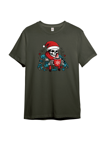 PAULGOS Herren T-Shirt, Skelett mit Kaffee in Olive