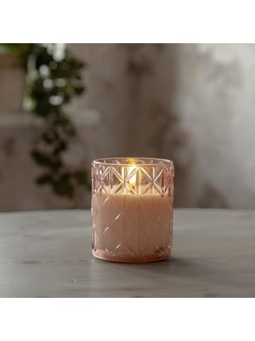 STAR Trading Kerze Flamme Romb, Glasbehälter rosa, weißes Wachs, LED, Timer, Warmwe