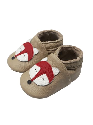 Yalion Baby-Lederlaufschuhe mit rutschfester Sohle – khaki mit Fuchsmotiv