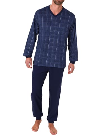 NORMANN Pyjama Schlafanzug langarm Bündchen Karo - 67932 in blau-melange
