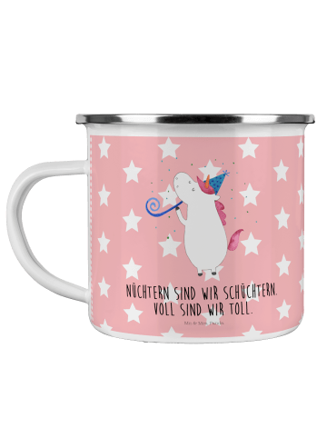 Mr. & Mrs. Panda Camping Emaille Tasse Einhorn Party mit Spruch in Rot Pastell