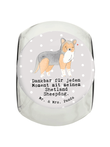 Mr. & Mrs. Panda Leckerli Glas Shetland Sheepdog Moment mit Spruch in Grau Pastell