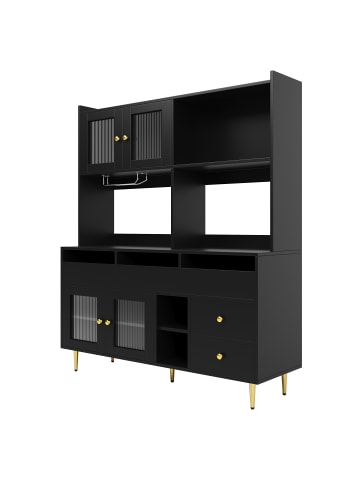 ABRIHOME Hochschrank in Schwarz mit Golddekor und Lochglastüren 145x39x171 cm