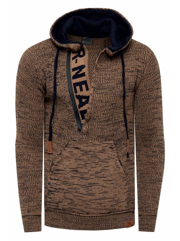 Rusty Neal 1/2 Zip Grobstrick Slim Fit Kapuzen-Pullover in Camel / Navy