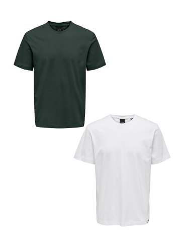 Only&Sons T-Shirt 2er-Set Rundhals Kurzarm in Weiß-Grün