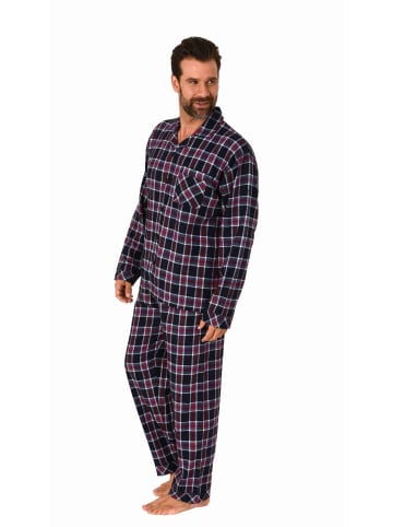 NORMANN Flanell Schlafanzug langarm Pyjama zum durchknöpfen - 70806 in navy