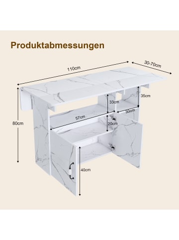 ABRIHOME Esstisch in Weiß 110x70x80 cm klappbar mit 5 Ablagen und Rollen