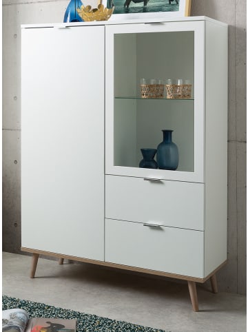 Furn.Design Highboard weiß matt, Eiche Sonoma massiv, 100 cm, Vitrine skandinavisch