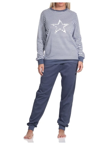 NORMANN Schlafanzug lang Bündchen und Sternen - 76006 in blau-melange