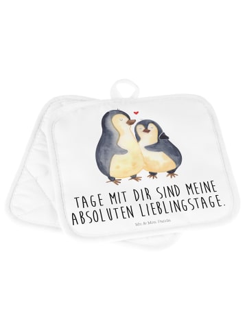 Mr. & Mrs. Panda 2er Set Topflappen  Pinguin umarmen mit Spruch in Weiß