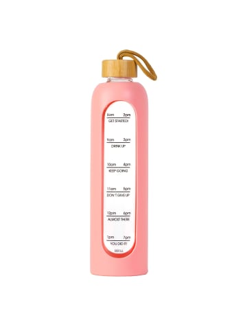 Intirilife Trinkflasche aus Glas mit Zeitmarkierung Wasser Flasche 820 - 900 ml in Rosa
