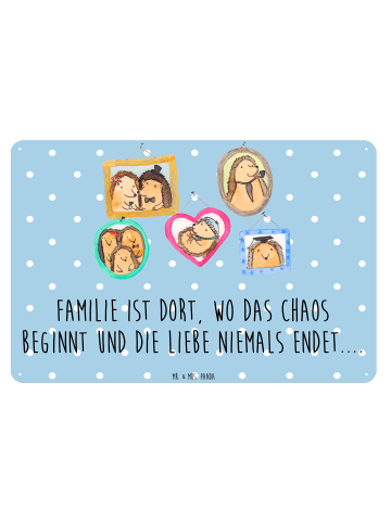 Mr. & Mrs. Panda Retro Blechschild Igel Familie mit Spruch in Blau Pastell