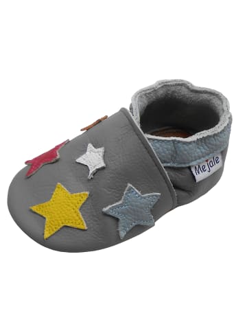 Mejale Graue Babyschuhe aus echtem Leder mit rutschfester Sohle – buntem Sternenmuster