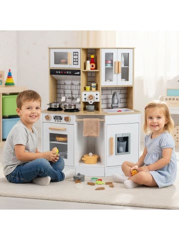 COSTWAY Spielküche Holz mit 10 tlg. Zubehör ab 3 Jahren in Hellbraun