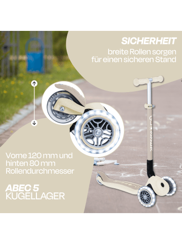 GLOBBER Scooter PRIMO FOLDABLE LIGHTS ECO Roller in kokos weiß, mit Leuchtrollen