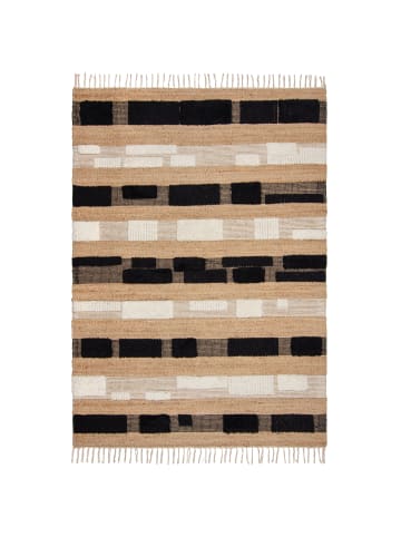 KADIMA DESIGN Teppich Hoch-Tief Struktur Gestreift, Patchwork-Optik, Fransen in Natur-Schwarz