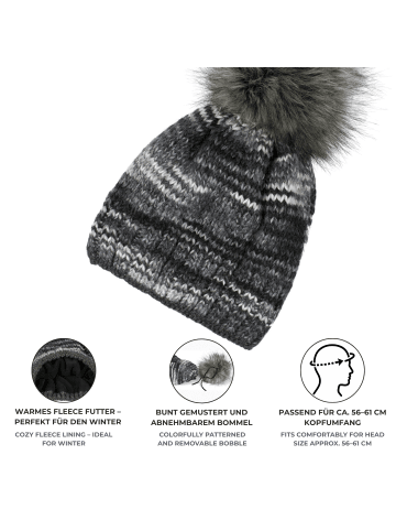 styleBREAKER Strick Bommelmütze in Schwarz-Grau-Weiß