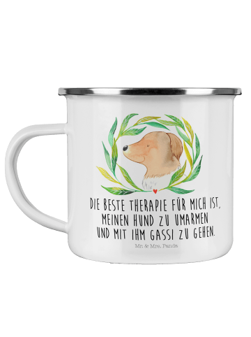 Mr. & Mrs. Panda Camping Emaille Tasse Hund Blumen mit Spruch in Weiß