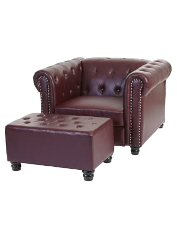 MCW Luxus Sessel Chesterfield, Runde Füße, rot-braun mit Ottomane