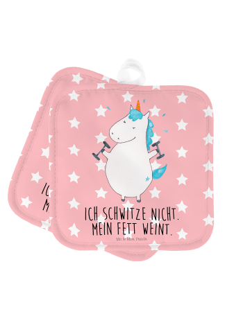 Mr. & Mrs. Panda 2er Set Topflappen  Einhorn Fitness mit Spruch in Rot Pastell