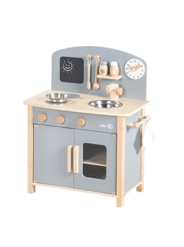 roba Spielküche aus Holz natur/grau mit Zubehör, 2 Kochstellen, Spüle & Wasserhahn